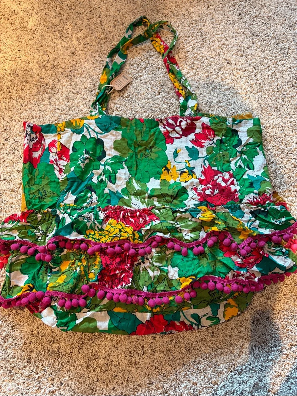 NATURAL LIFE Green Red Yellow Floral Ruffle Hobo Bag